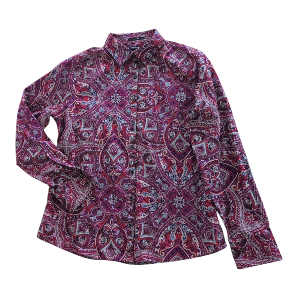 Land's End Shirt/Blouse Women's 10 Red/Purple 100% Supima Cotton‎ Princess Seams